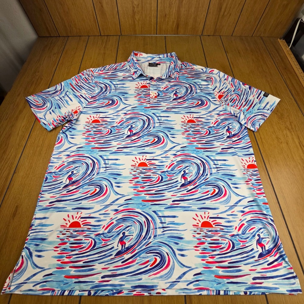 Sunday Swagger Mens 2XL Surfer Wave Sunset Performance Golf Polo  Multicolor